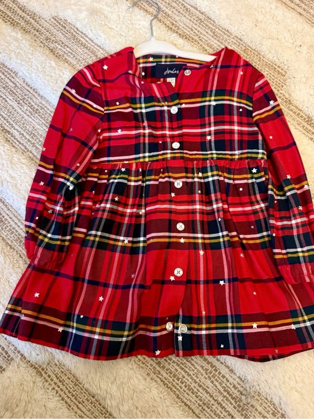 Joules Red Plaid Button-Front Girls' Shirt Dress with Star Print
